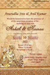 Radha Krishna Theme Wedding Invitation Card With Damask Design And Old Paper Effect Background