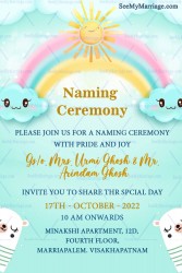 Rainbow Theme Naming Ceremony Invitation Card With Funny Clouds And Water Color Sun In Light Green Background