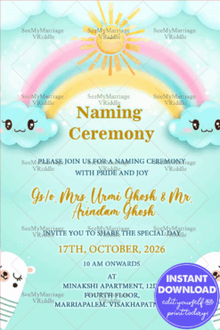 Rainbow Theme Naming Ceremony Invitation Card With Funny Clouds And Water Color Sun In Light Green Background