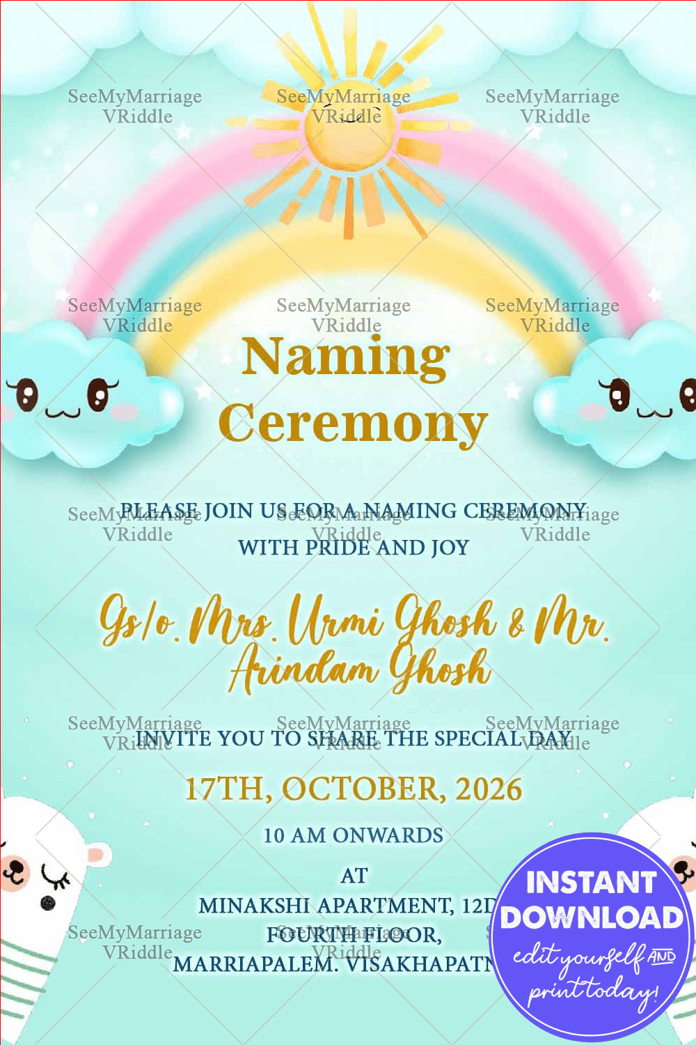 Rainbow Theme Naming Ceremony Invitation Card With Funny Clouds And Water Color Sun In Light Green Background