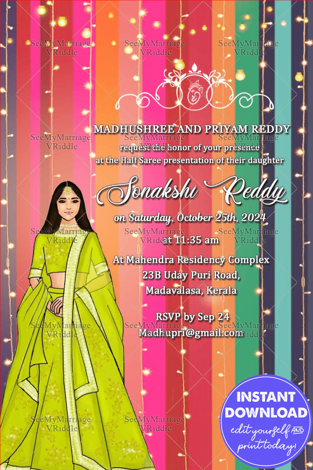 Rainbow theme Half Saree Invitation Card