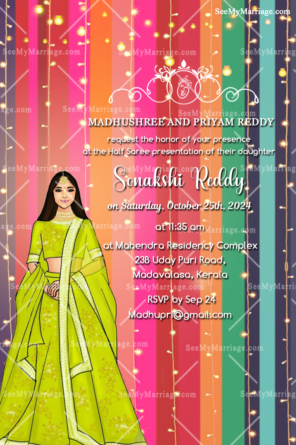 Rainbow theme Half Saree Invitation Card