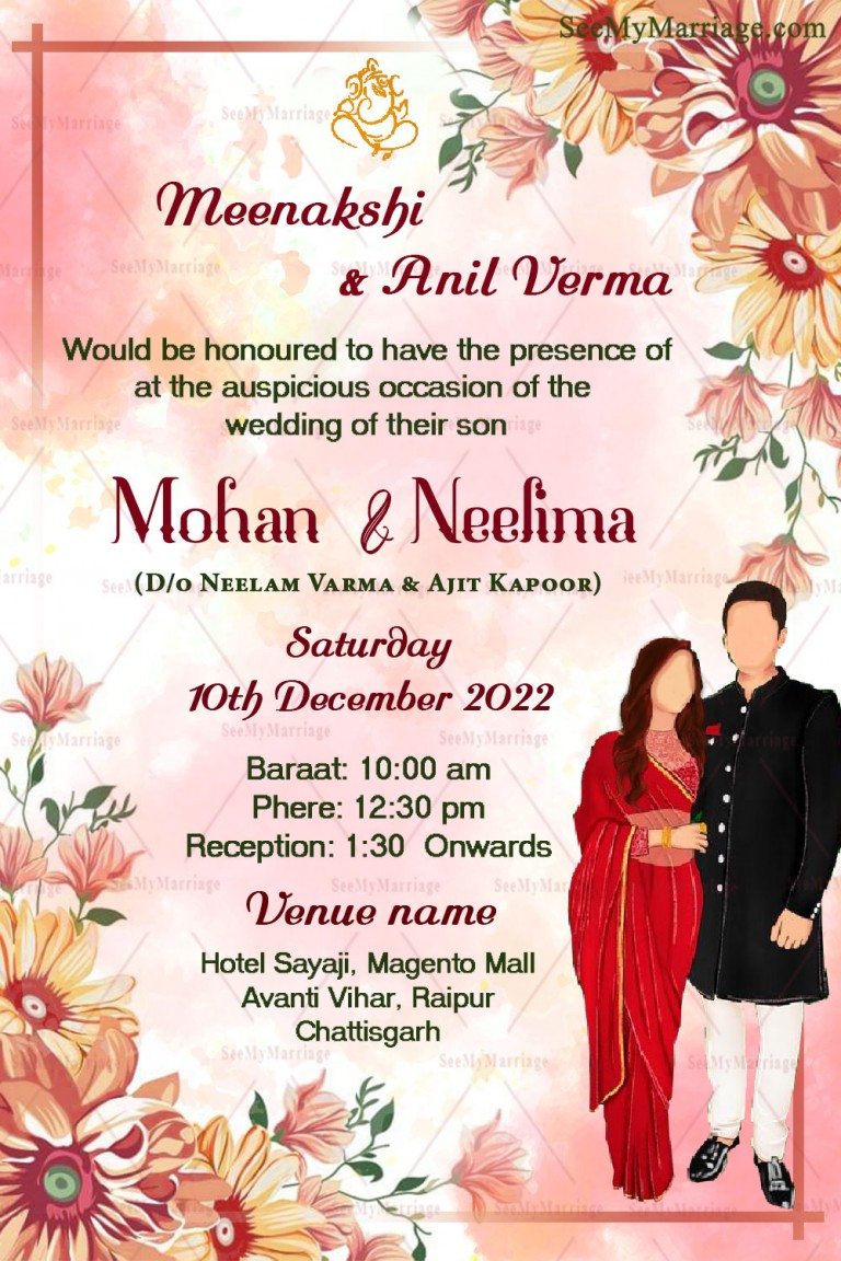 Red And Yellow Floral Theme Wedding Invitation Card With Couple Vector ...