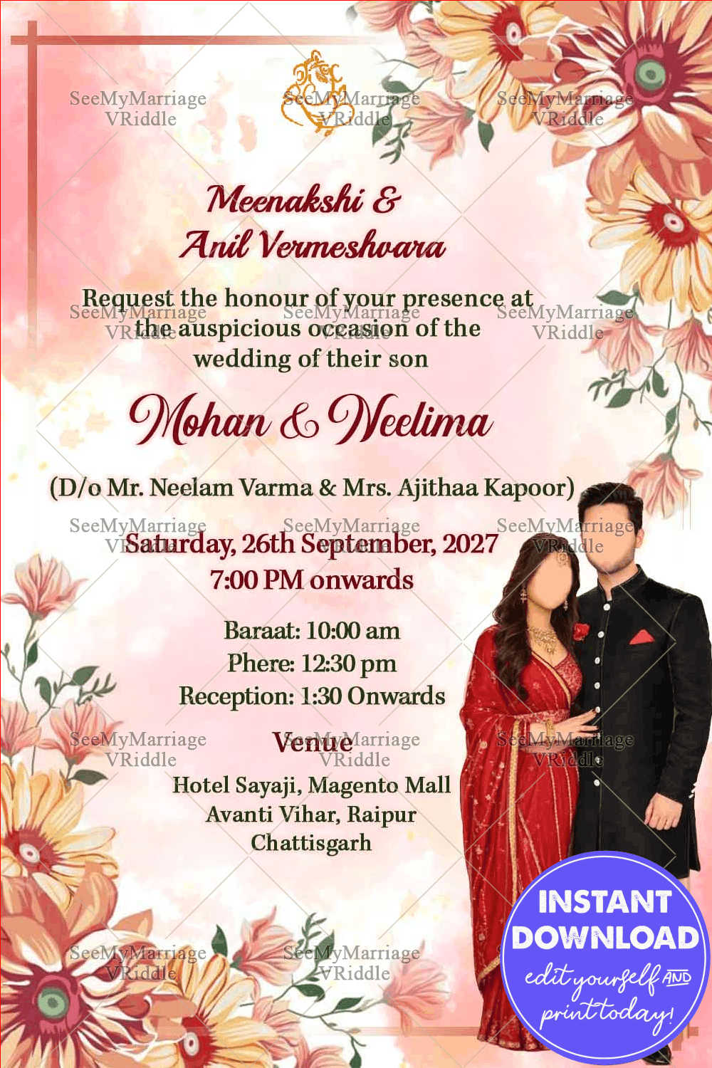 Red And Yellow Floral Theme Wedding Invitation Card With Couple Vector Illustration
