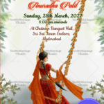 Red Autumn theme Girl in Swing Half Saree Invitation Card