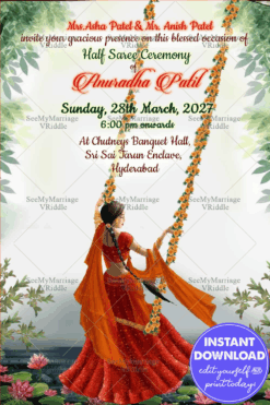 Red Autumn theme Girl in Swing Half Saree Invitation Card