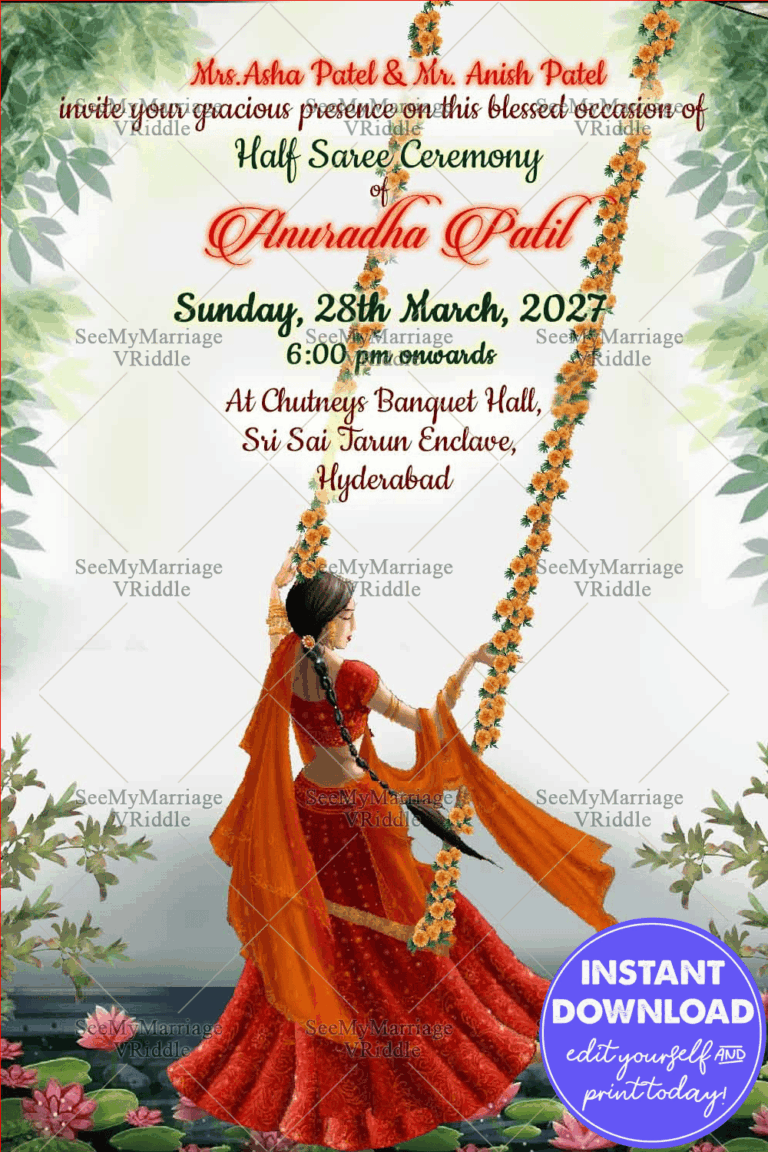 Red Autumn theme Girl in Swing Half Saree Invitation Card