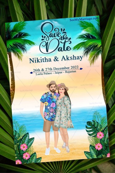 Sea Side Theme Save The Date Invitation Card With Lovely Couple And Coconut Tree On The Beach