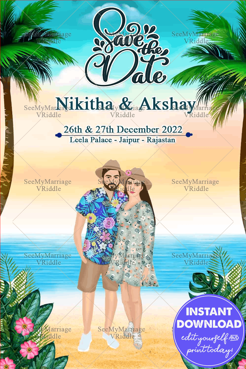 Sea Side Theme Save The Date Invitation Card With Lovely Couple And Coconut Tree On The Beach