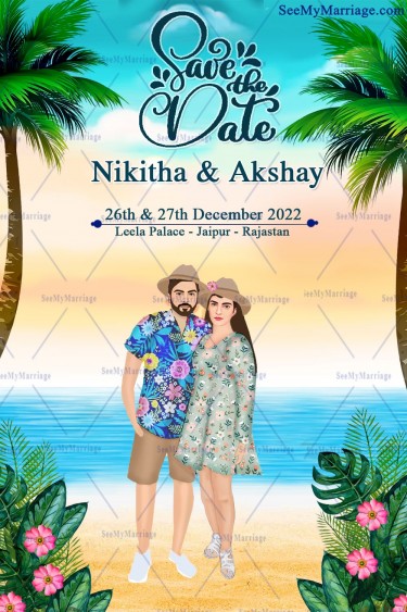 Sea Side Theme Save The Date Invitation Card With Lovely Couple And Coconut Tree.