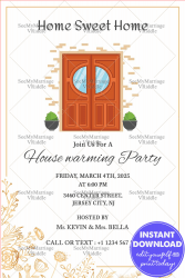 Simple Invitation Card With Brick Red Double Doors For House Warming Party Of Home Sweet Home