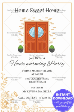 Simple Invitation Card With Brick Red Double Doors For House Warming Party Of Home Sweet Home