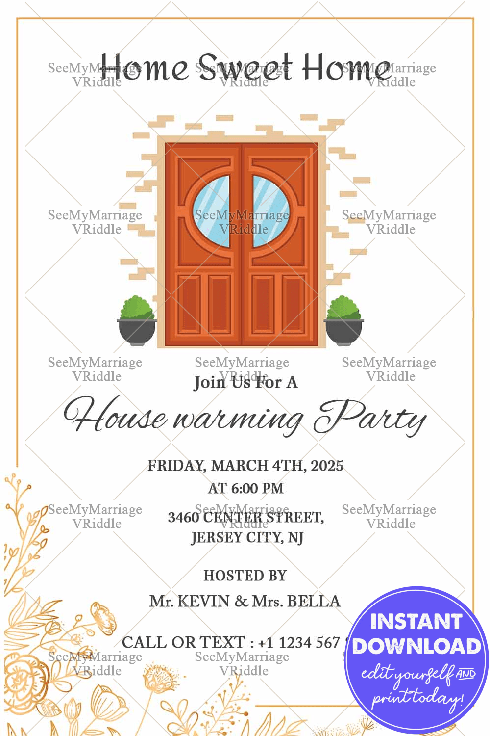 Simple Invitation Card With Brick Red Double Doors For House Warming Party Of Home Sweet Home