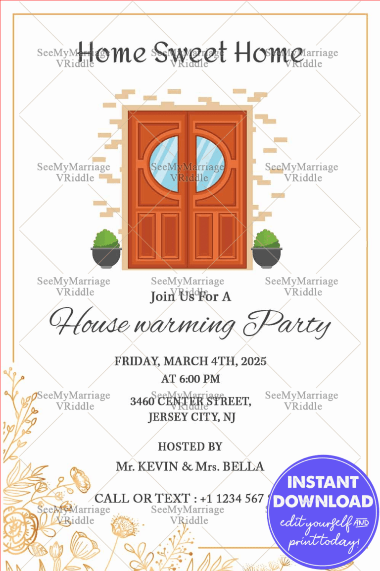 Simple Invitation Card With Brick Red Double Doors For House Warming Party Of Home Sweet Home