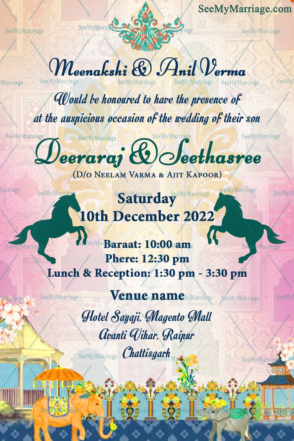 Traditional Raja Rani Theme Wedding Invitation Card With Horse, Palace Background And Hanging Diya