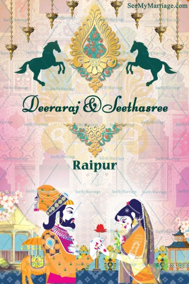Traditional Raja Rani Theme Wedding Invitation Card With Horse, Palace Background And Hanging Diya