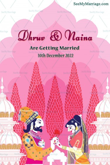 Traditional Raja Rani Theme Wedding Invitation Card With Palace In Pink Background