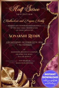 Tropical Leaf and Golden Graphic background Half Saree Invitation Card