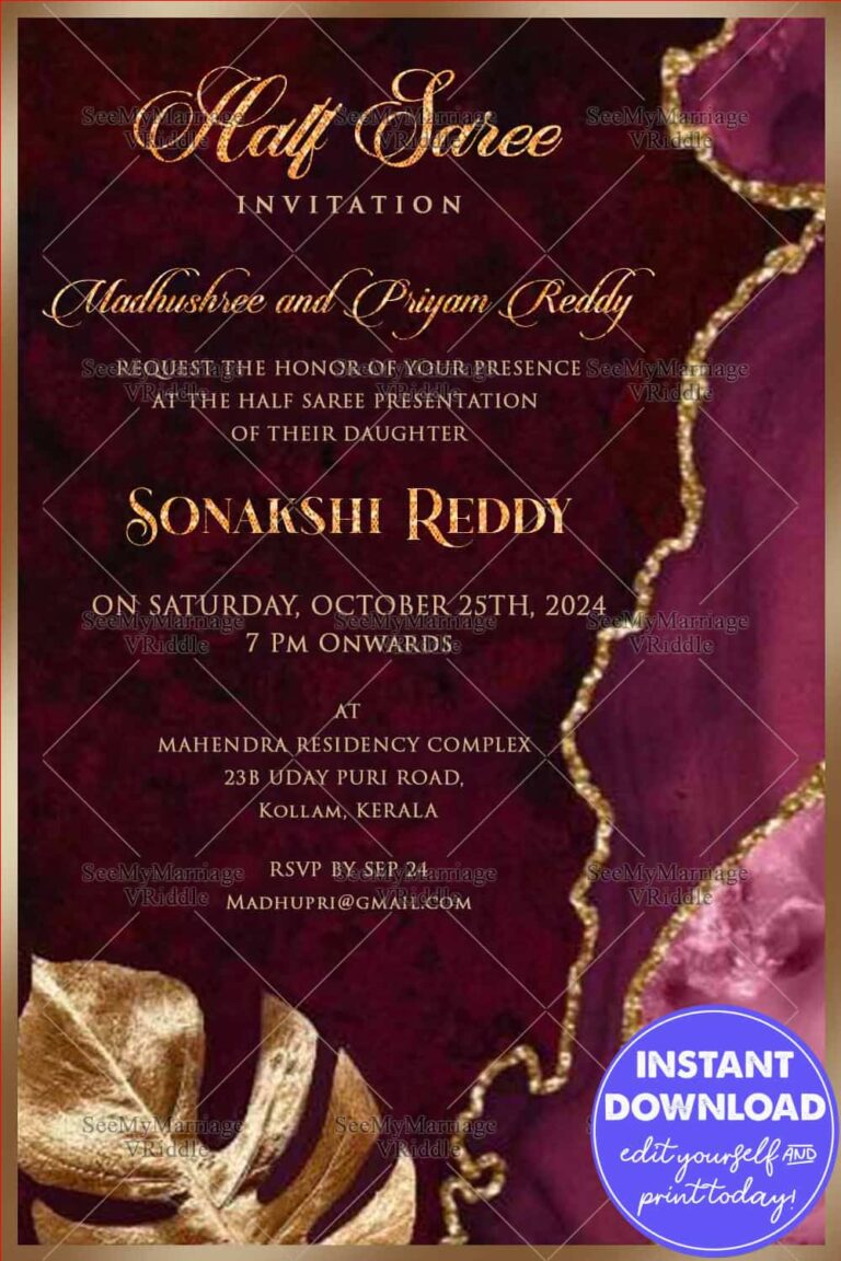 Tropical Leaf and Golden Graphic background Half Saree Invitation Card