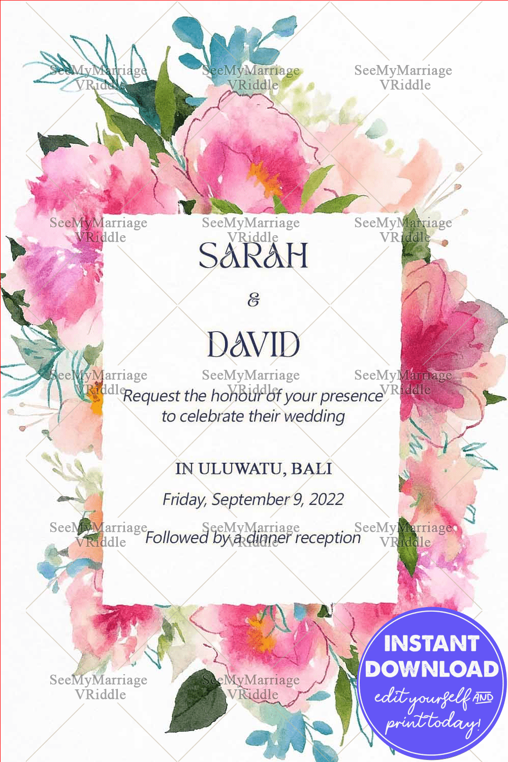 Watercolor Illustrations Bali Indonesia Wedding Invitation