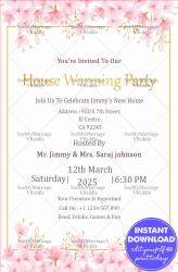 White Theme House Warming Party Invitation With Pink Periwinkle Flowers