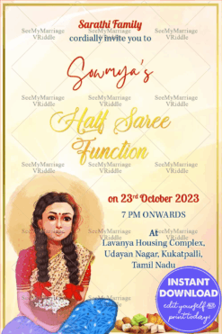 Yellow Background With Golden Text Half Saree function Invitation card