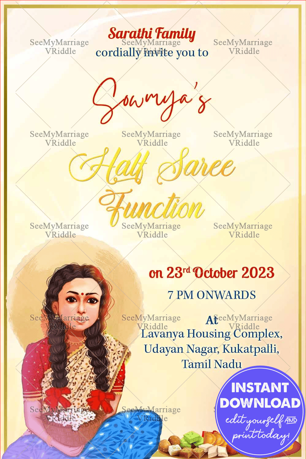 Yellow Background With Golden Text Half Saree function Invitation card