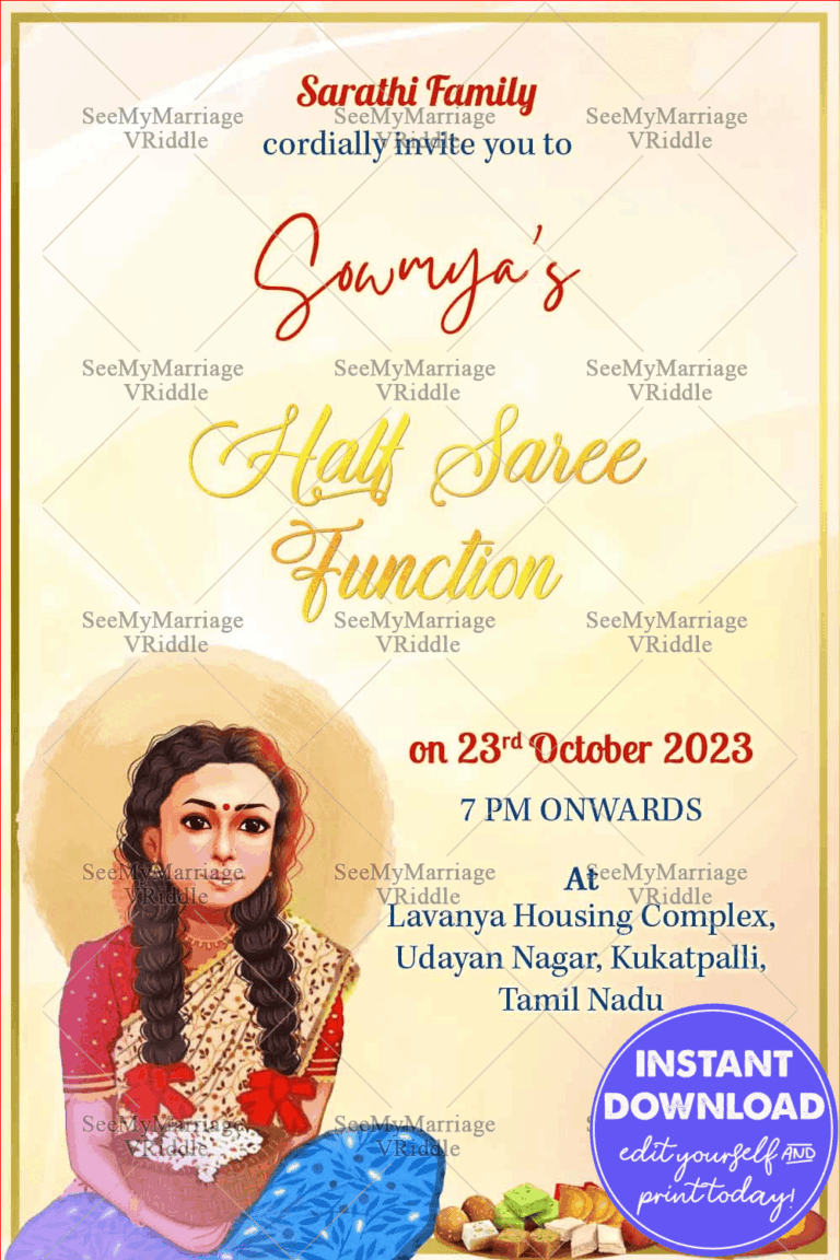 Yellow Background With Golden Text Half Saree function Invitation card