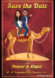 A Comic Invitation For Wedding Celebrations With Couple on Camel Caricature