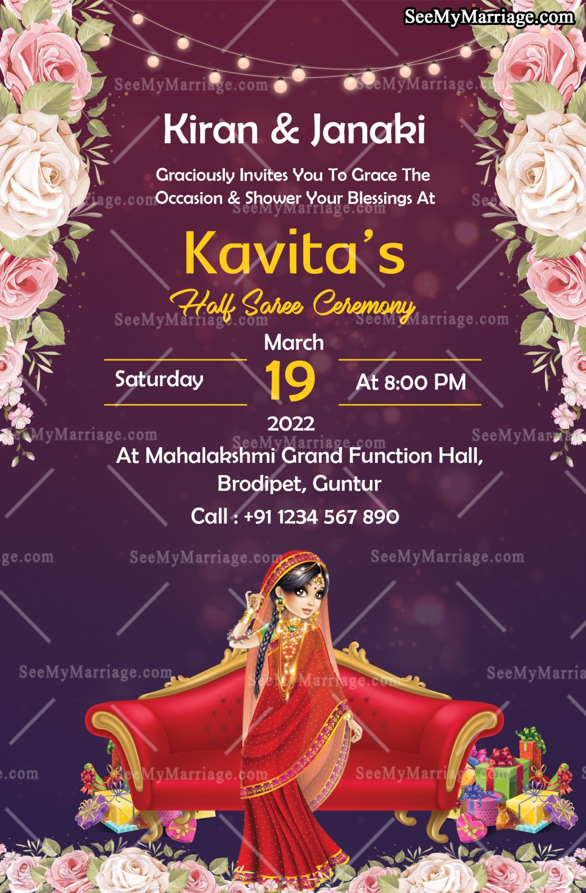 Purple Theme Floral Half Saree Invitation Card – SeeMyMarriage