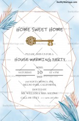 Powder Blue Coloured Watercolor Theme Invitation For House Warming Party With Big Golden Victorian Key