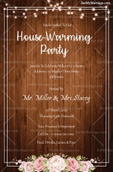 House Warming Party Invitation On Brown Weathered Wooden Boards Decorated With Yellow String Lights
