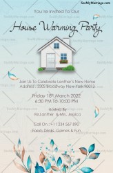 Blue Theme House Warming Invitation With A Cute Cottage And Unique Blue Leaves