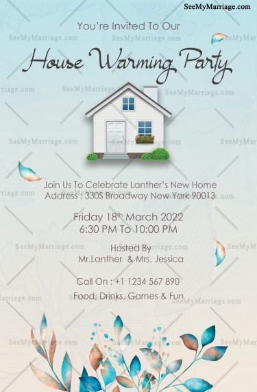 Blue Theme House Warming Invitation With A Cute Cottage And Unique Blue Leaves