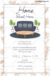 Quirky Invitation Card For House Warming Party With A Comfy Dark Blue Sofa