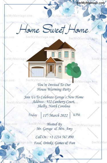 A Sweet Invitation For House Warming Party Of Your Home With Blue Line Frame And Blue Button Roses