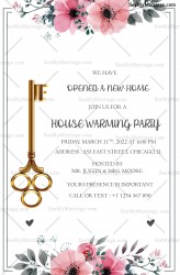 Adorned By Pink Petunias and Victorian Key A Simple floral Theme Opened A New Home Invitation For House Warming Party