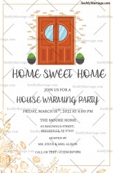 Simple Invitation Card With Brick Red Double Doors For House Warming Party Of Home Sweet Home