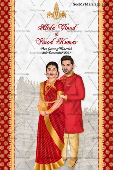 Caricature Wedding Invitation With The Light Temple Background, Red And Golden Border, Groom In Traditional Kurta And Bride In A Red Saree