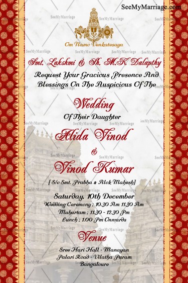 Caricature Wedding Invitation With The Light Temple Background, Red And Golden Border Groom In Traditional Kurta And Bride In A Red Saree
