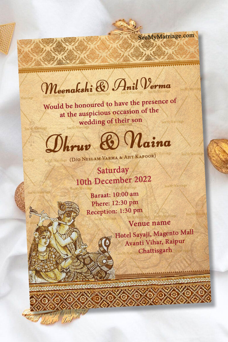 Radha Krishna Theme Wedding Invitation Card With Damask Design And Old Paper Effect Background