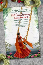 Red Autumn theme Girl in Swing Half Saree Invitation Card