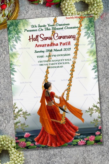 Red Autumn theme Girl in Swing Half Saree Invitation Card