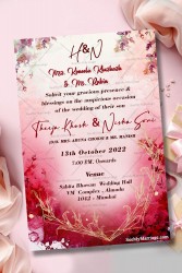 Wedding Invitation Card With Red Water Color Theme And Golden Simple Leaf
