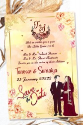 Islamic Save The Date Invitation With Couple Vector Illustration In Light yellowish Background