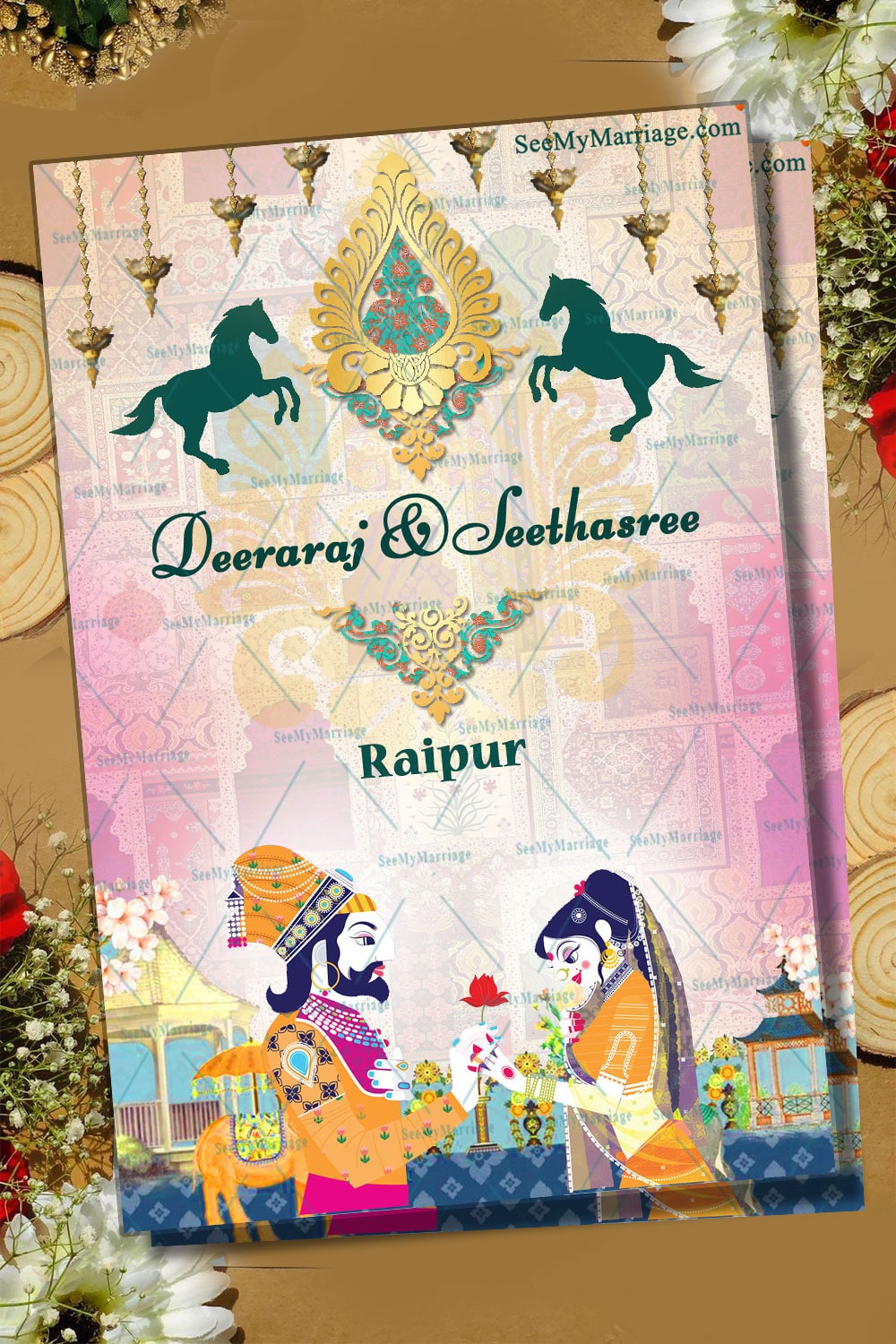 Traditional Raja Rani Theme Wedding Invitation Card With Horse, Palace Background And Hanging Diya