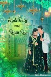 Attractive Green And Yellow Theme Wedding Invitation Card Hanging Diya And Couple Illustration