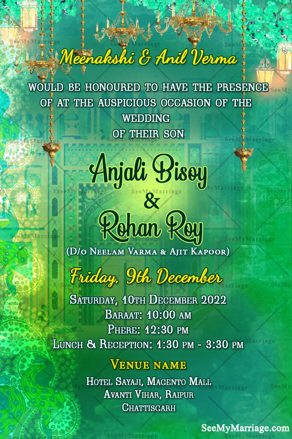 Attractive Green And Yellow Theme Wedding Invitation Card Hanging Diya And Couple Illustration