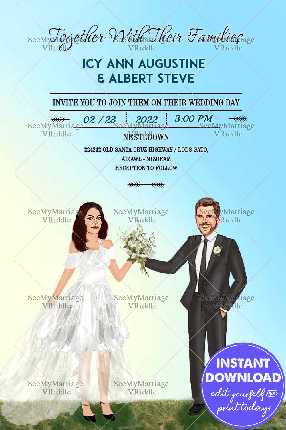 A Carricature Theme Aqua Blue Coloured Modern Mr And Mrs Invitation Card For A Christian Wedding Ceremony