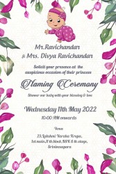 A Naming Ceremony Invitation Card With A Bonny Baby Girl Dressed In Pink And Framed In Colourful Leaves